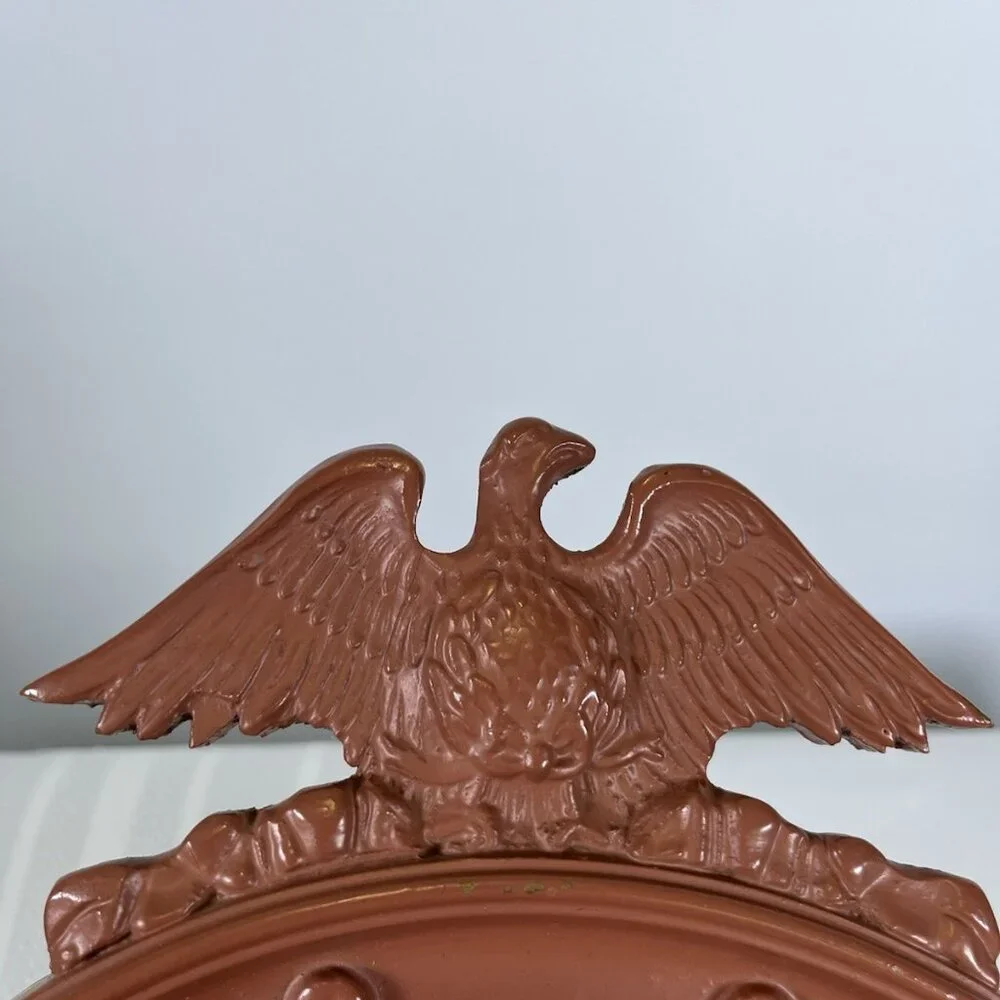 Antique 40s Federal Eagle Bullseye Round Gilt Wood Convex Wall Mirror Salmon